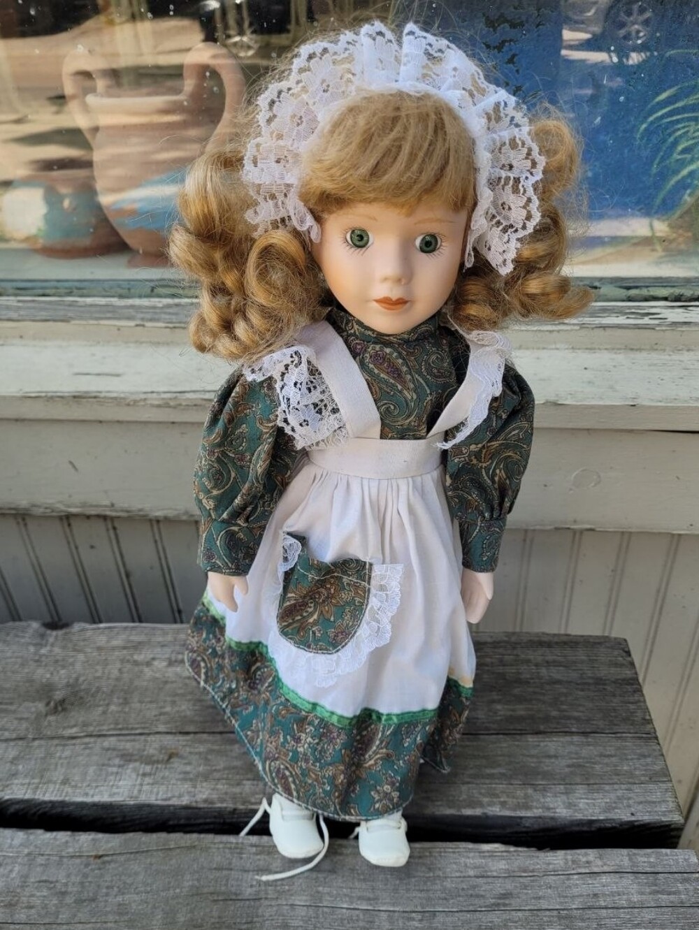 VTG 90s Porcelain Collector Doll Green Paisley Dress Apron Bonnet 16" Tall